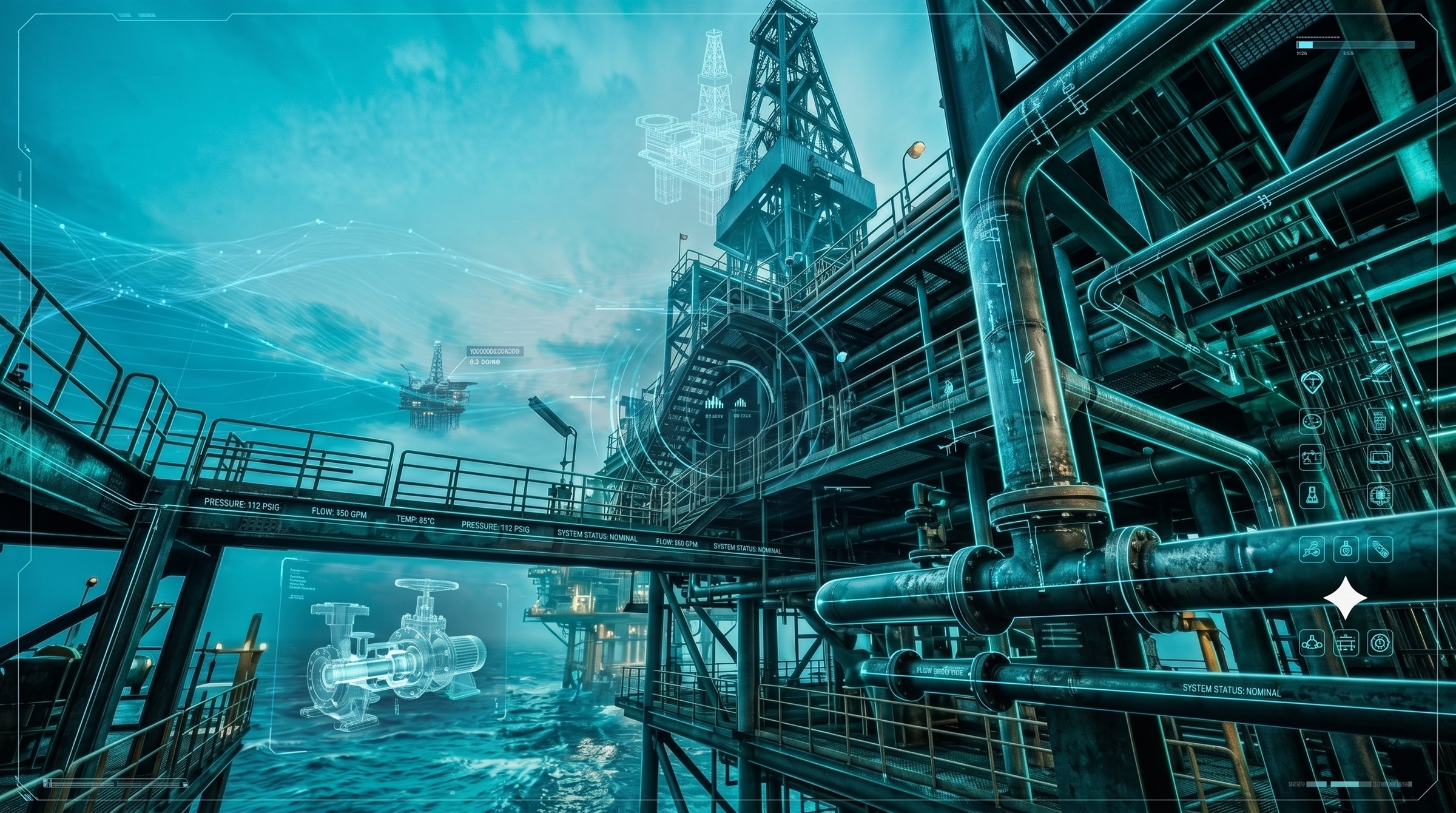 Offshore oil and gas platform structural piping at night